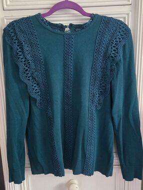 Cable & Gauge Teal Lace-Trim Knit Sweater Size M